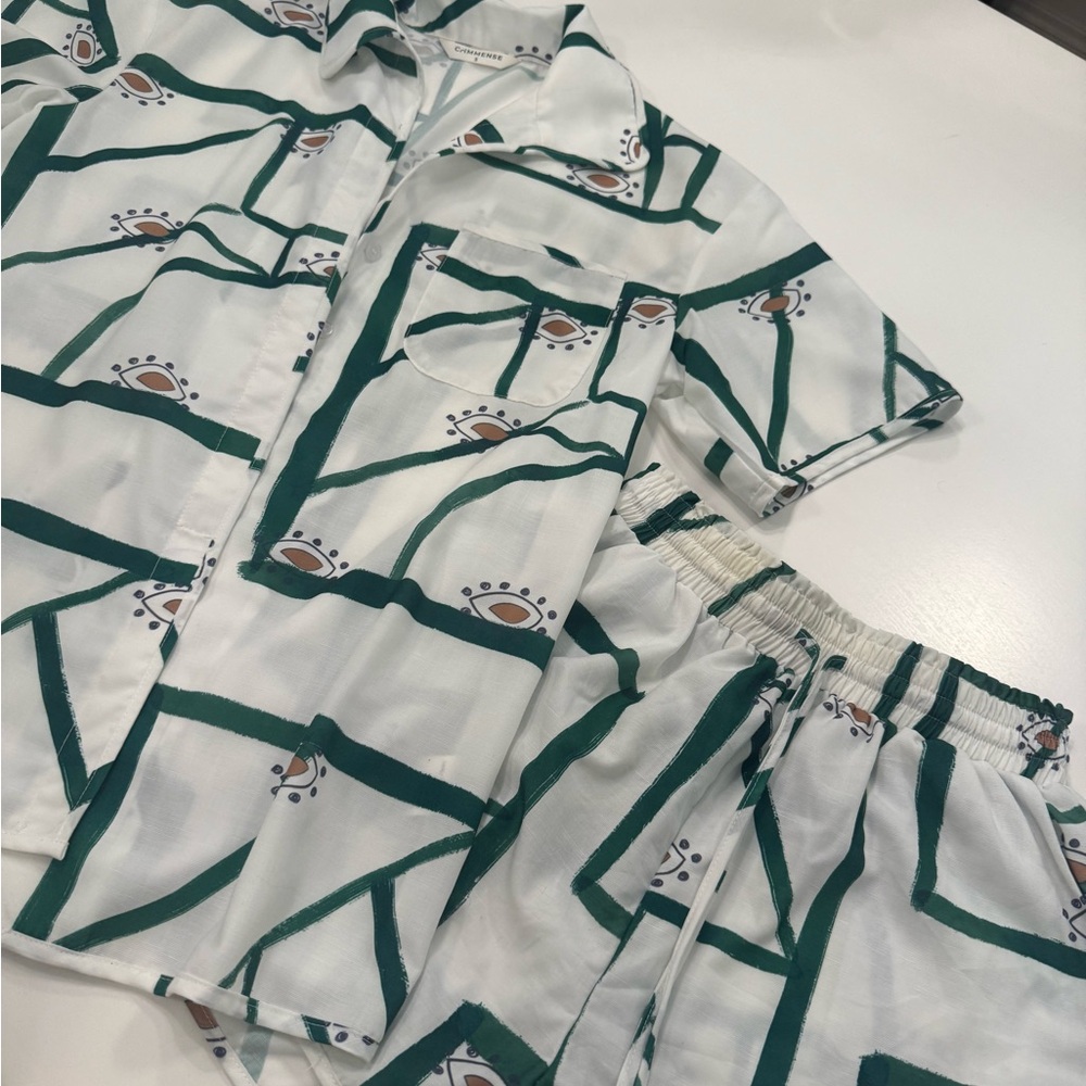 Commense High Waist Green and White Patterned Shorts & Matching Button up Shirt